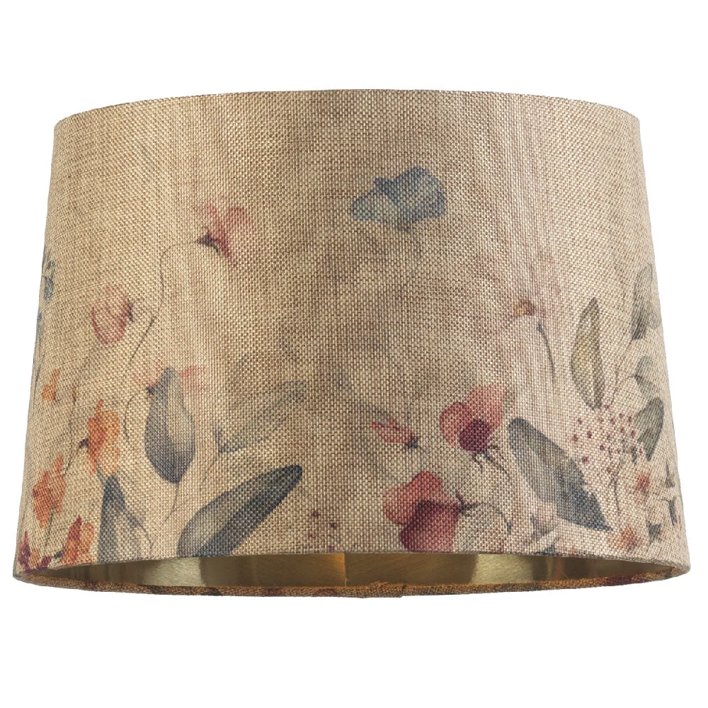 14" Beige Linen Floral Design Gold Inner Vintage Easy Fit Tapered Drum Shade 35cm - Image 4