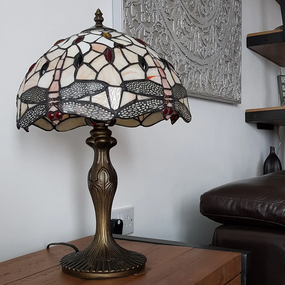 8" Dragonfly & Jewel Multicolour Tiffany Glass Vintage Dome Table Lamp 35cm - Image 3