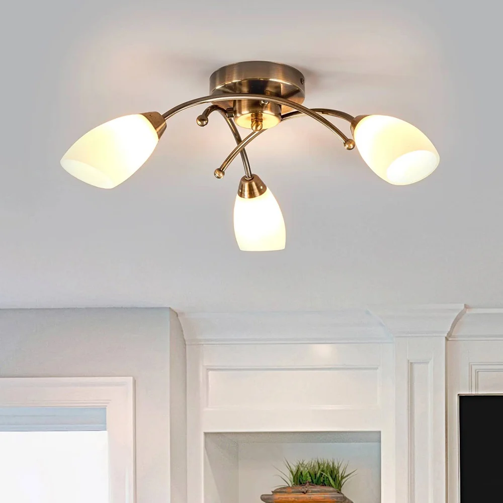 Antique Brass 3 Lamp Semi Flush Light with Opal Glass Shades 500mm - Image 3