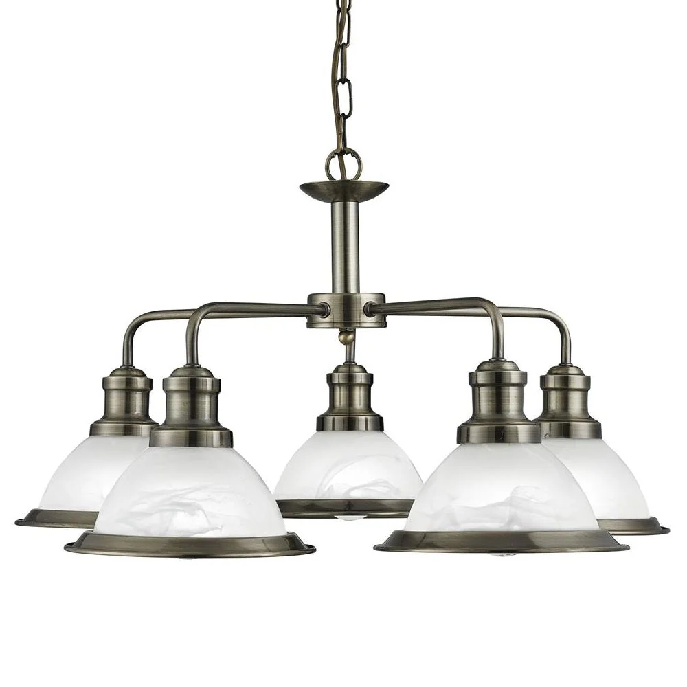 Antique Brass & Alabaster Acid Glass Vintage Dome 5 Lamp Pendant Light 63cm