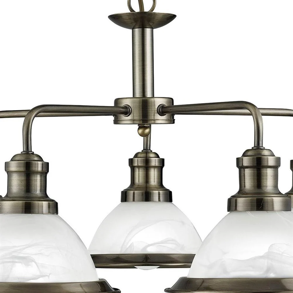 Antique Brass & Alabaster Acid Glass Vintage Dome 5 Lamp Pendant Light 63cm - Image 2