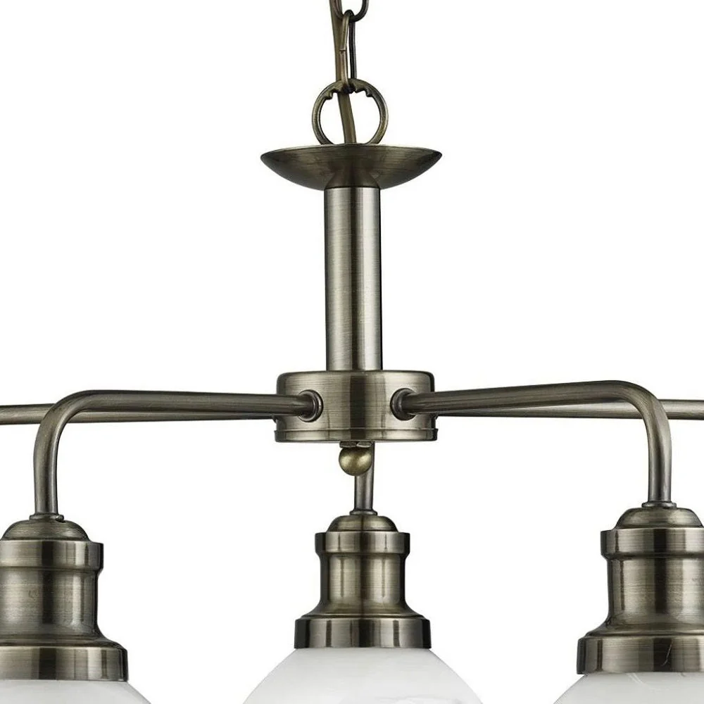 Antique Brass & Alabaster Acid Glass Vintage Dome 5 Lamp Pendant Light 63cm - Image 3