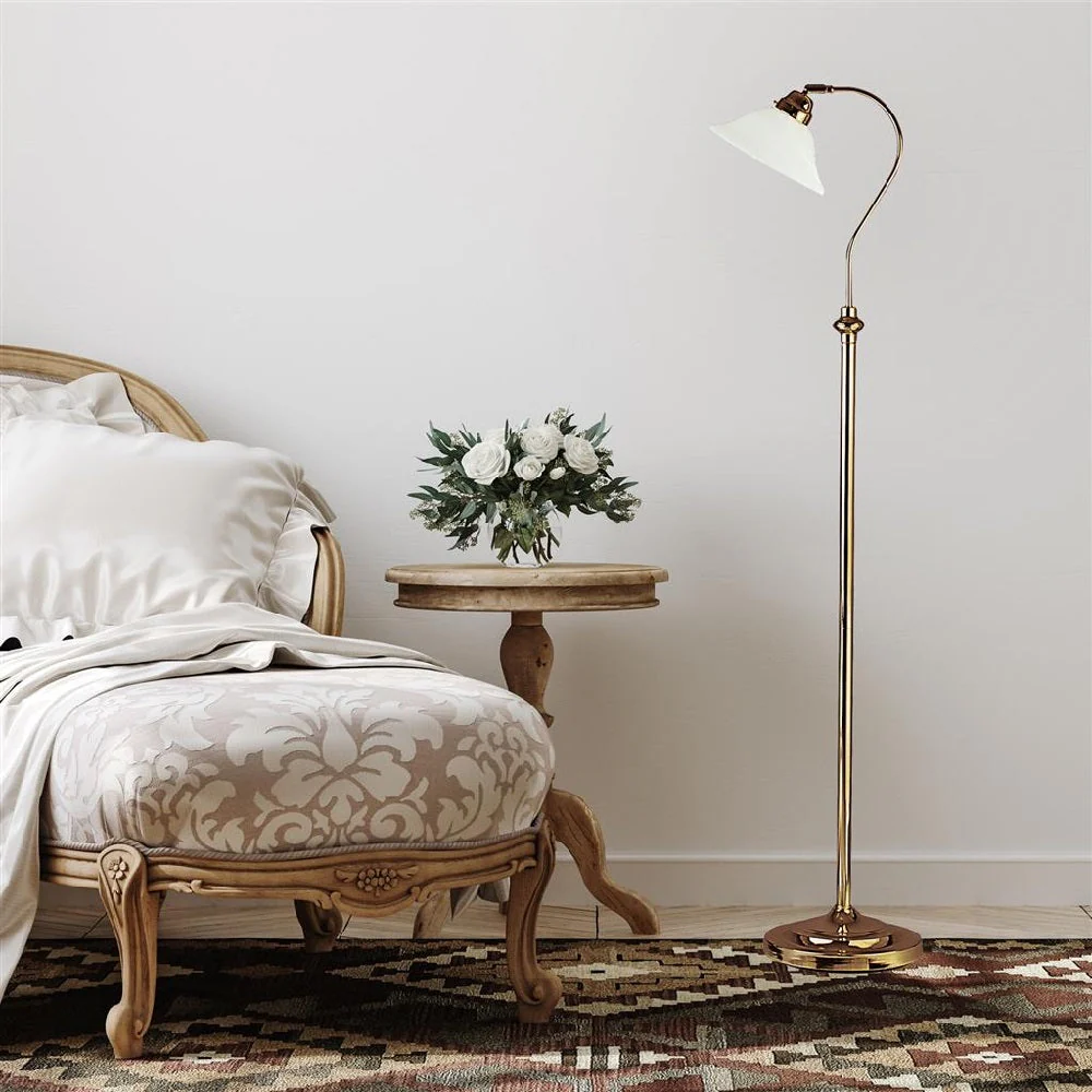 Antique Brass & Alabaster Glass Vintage Conical Swan Neck Floor Lamp 140cm - Image 3
