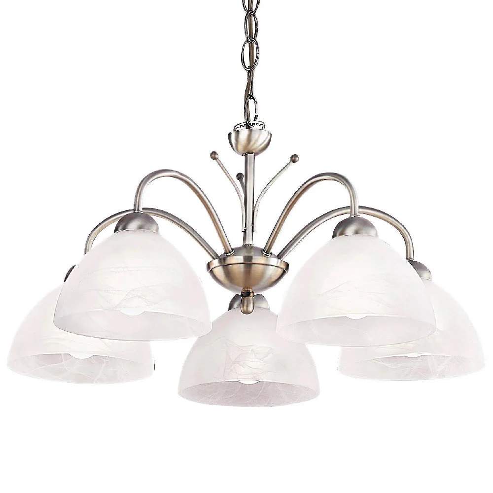 Antique Brass & Alabaster Glass Vintage Dome 5 Lamp Pendant Light 56cm