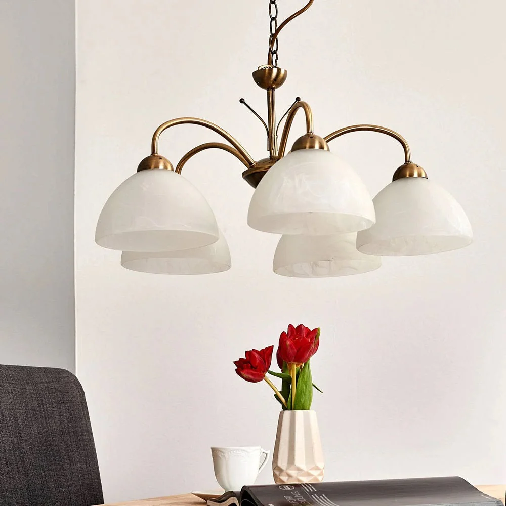 Antique Brass & Alabaster Glass Vintage Dome 5 Lamp Pendant Light 56cm - Image 4