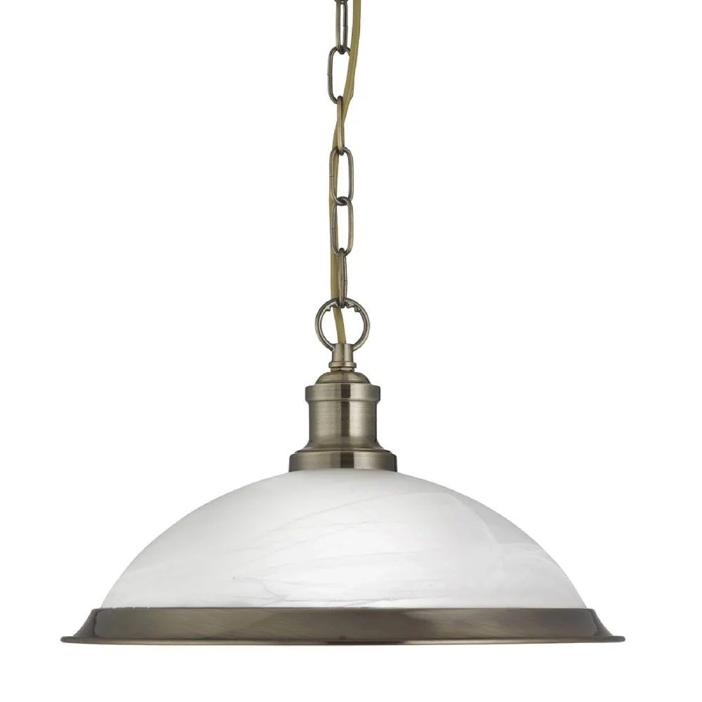 Antique Brass & Alabaster Glass Vintage Dome Pendant Light 34cm - Image 2