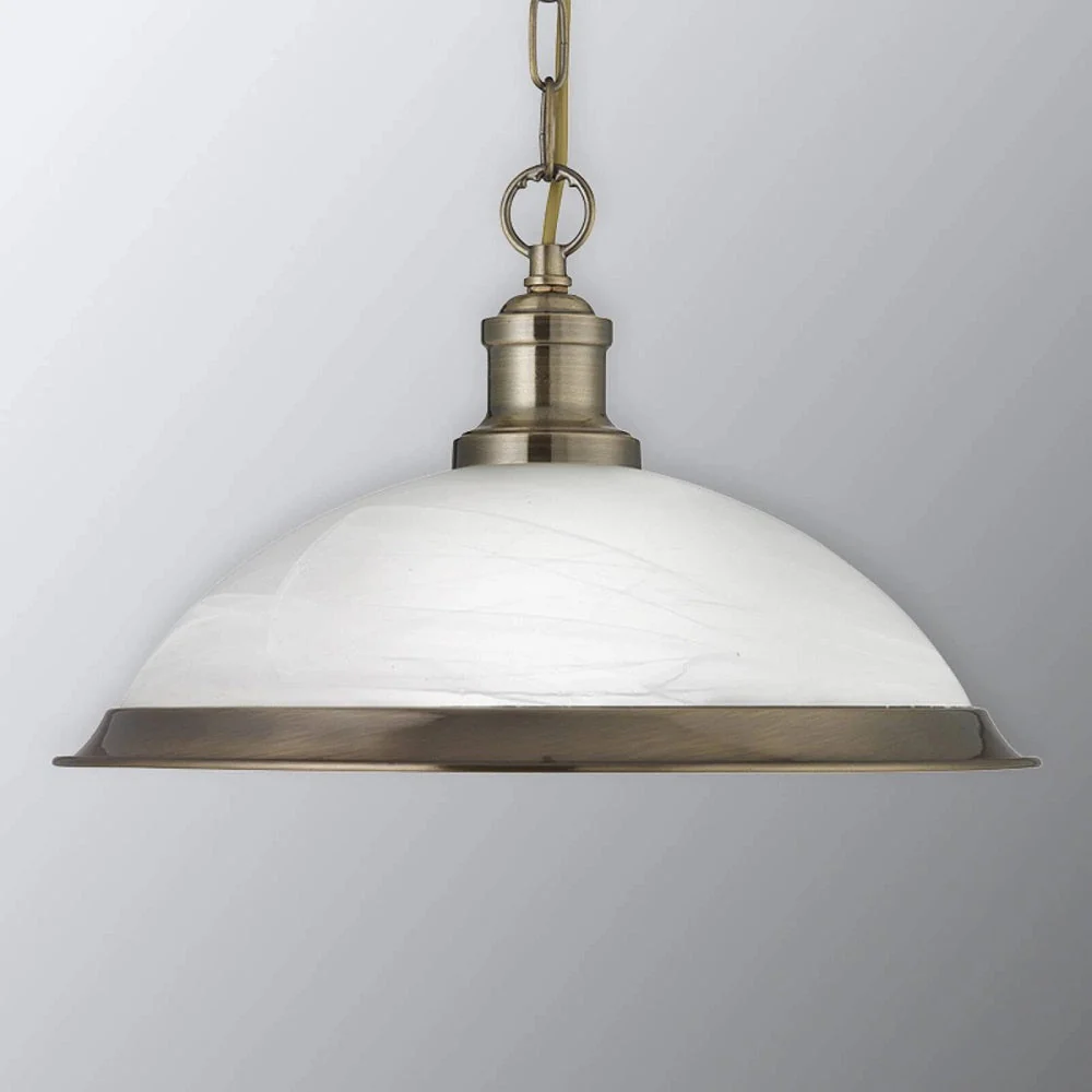 Antique Brass & Alabaster Glass Vintage Dome Pendant Light 34cm - Image 4