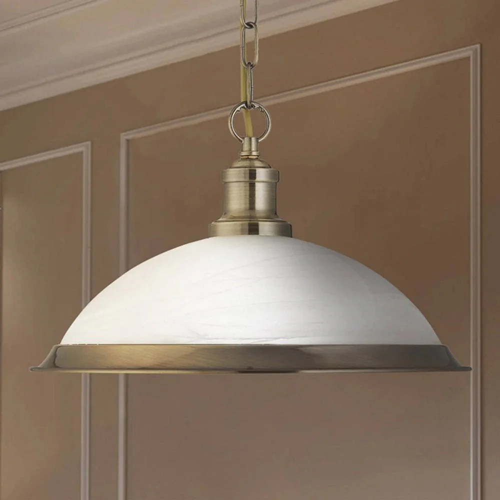 Antique Brass & Alabaster Glass Vintage Dome Pendant Light 34cm - Image 5