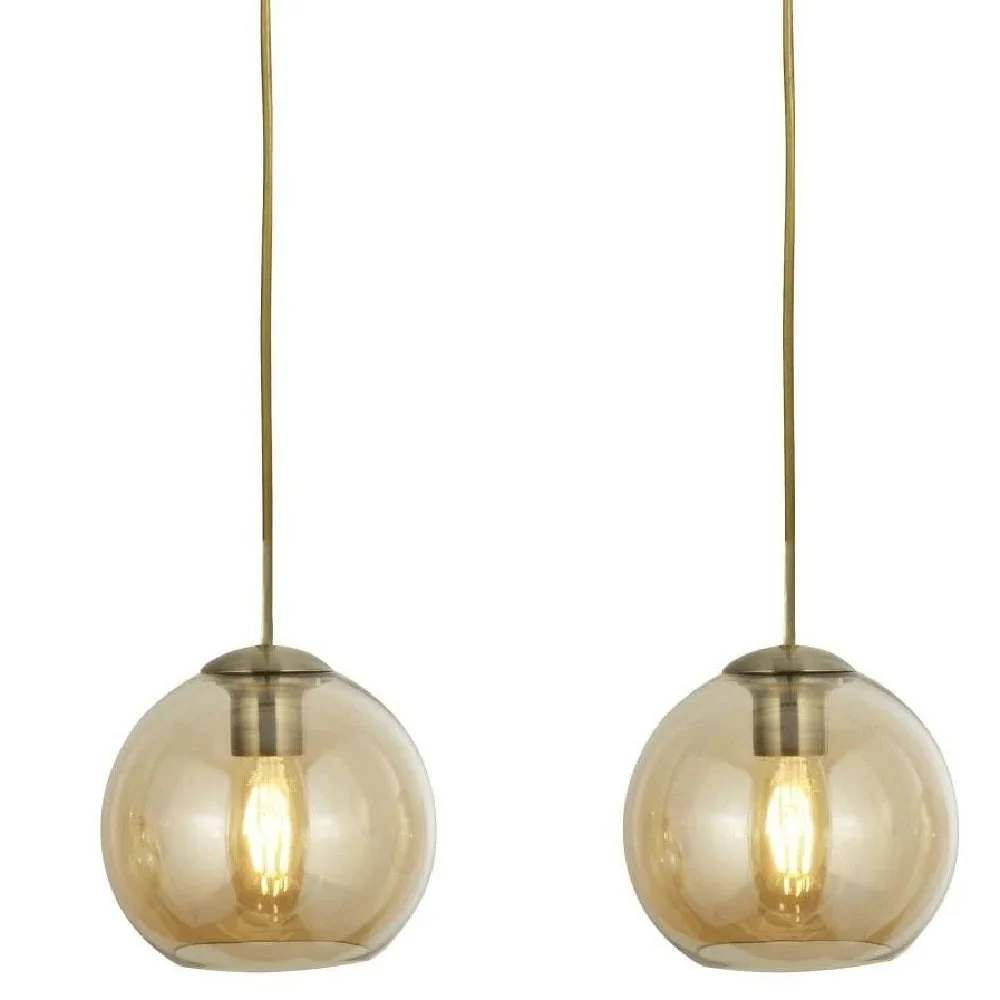 Antique Brass & Amber Glass Dome 3 Lamp Bar Pendant Light 86cm - Image 2