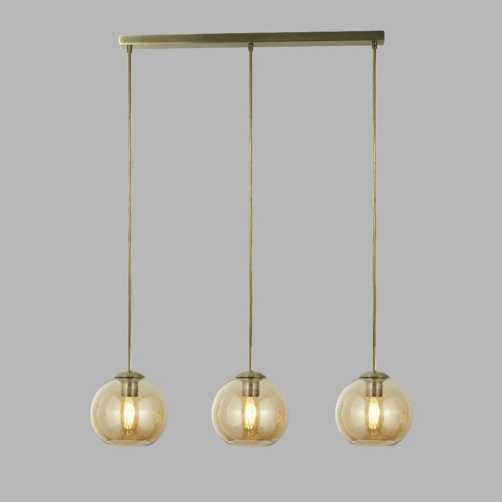 Antique Brass & Amber Glass Dome 3 Lamp Bar Pendant Light 86cm - Image 3