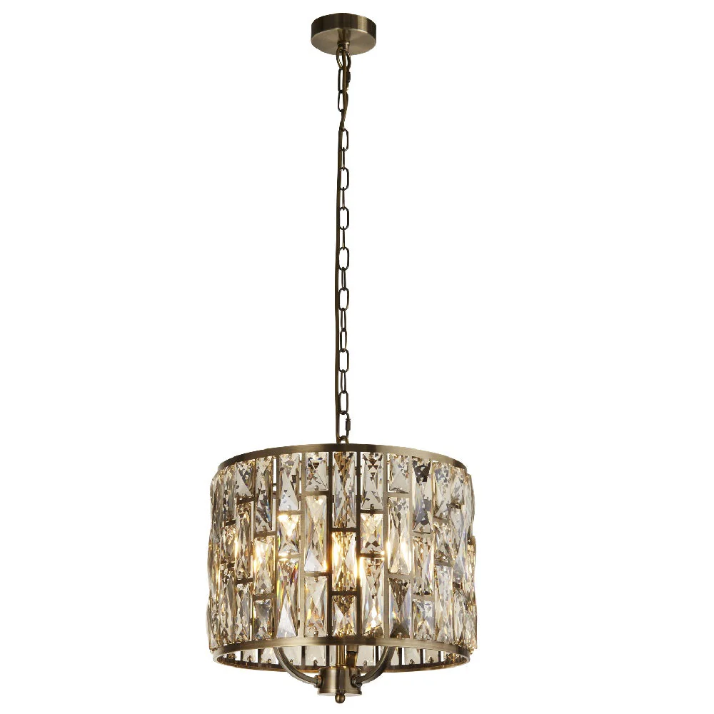Antique Brass & Champagne Crystal Glass Vintage 3 Lamp Drum Pendant Light 38cm - Image 3