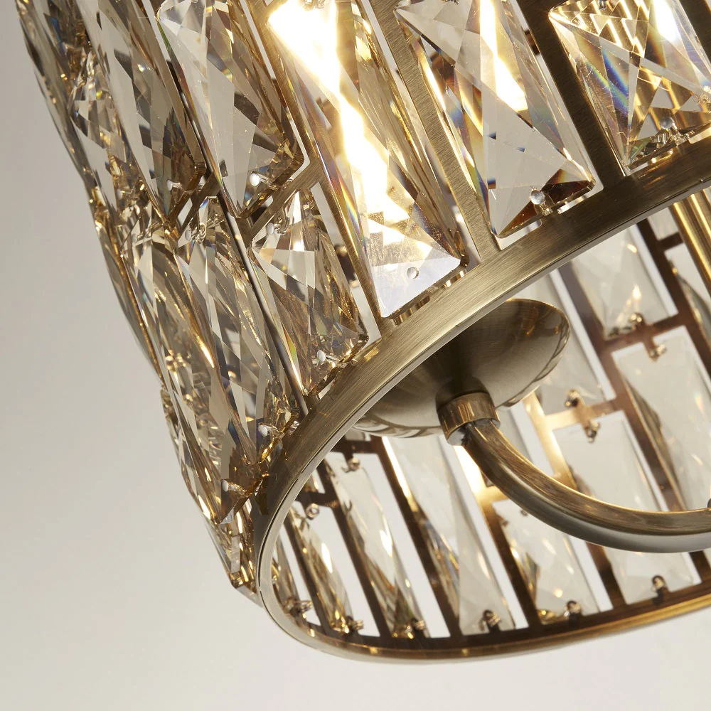 Antique Brass & Champagne Crystal Glass Vintage 3 Lamp Drum Pendant Light 38cm - Image 4