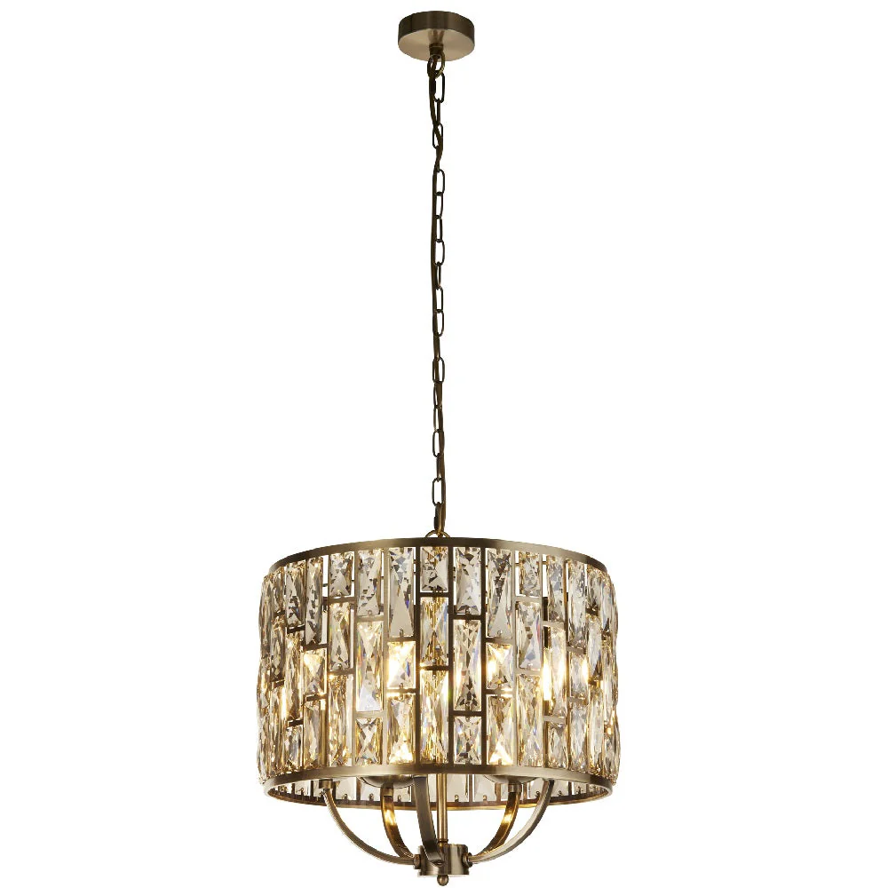 Antique Brass & Champagne Crystal Glass Vintage 5 Lamp Drum Pendant Light 44cm - Image 3