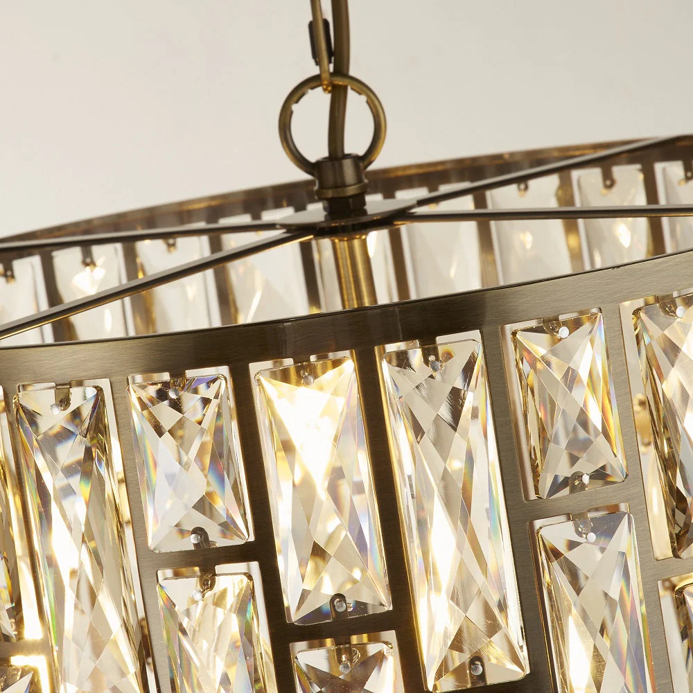 Antique Brass & Champagne Crystal Glass Vintage 5 Lamp Drum Pendant Light 44cm - Image 4