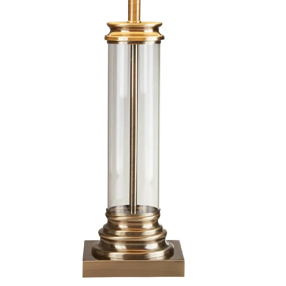 Antique Brass & Clear Cylinder Glass Column Vintage Table Lamp with Cream Shade 63cm - Image 3