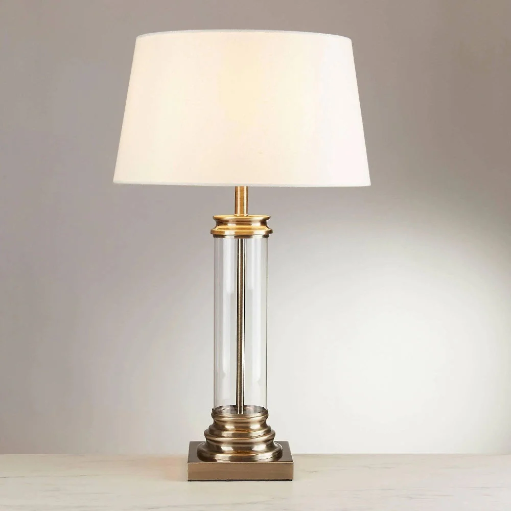 Antique Brass & Clear Cylinder Glass Column Vintage Table Lamp with Cream Shade 63cm - Image 4