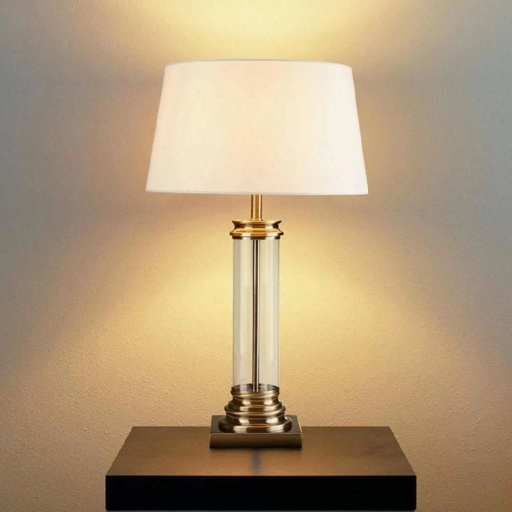 Antique Brass & Clear Cylinder Glass Column Vintage Table Lamp with Cream Shade 63cm - Image 5