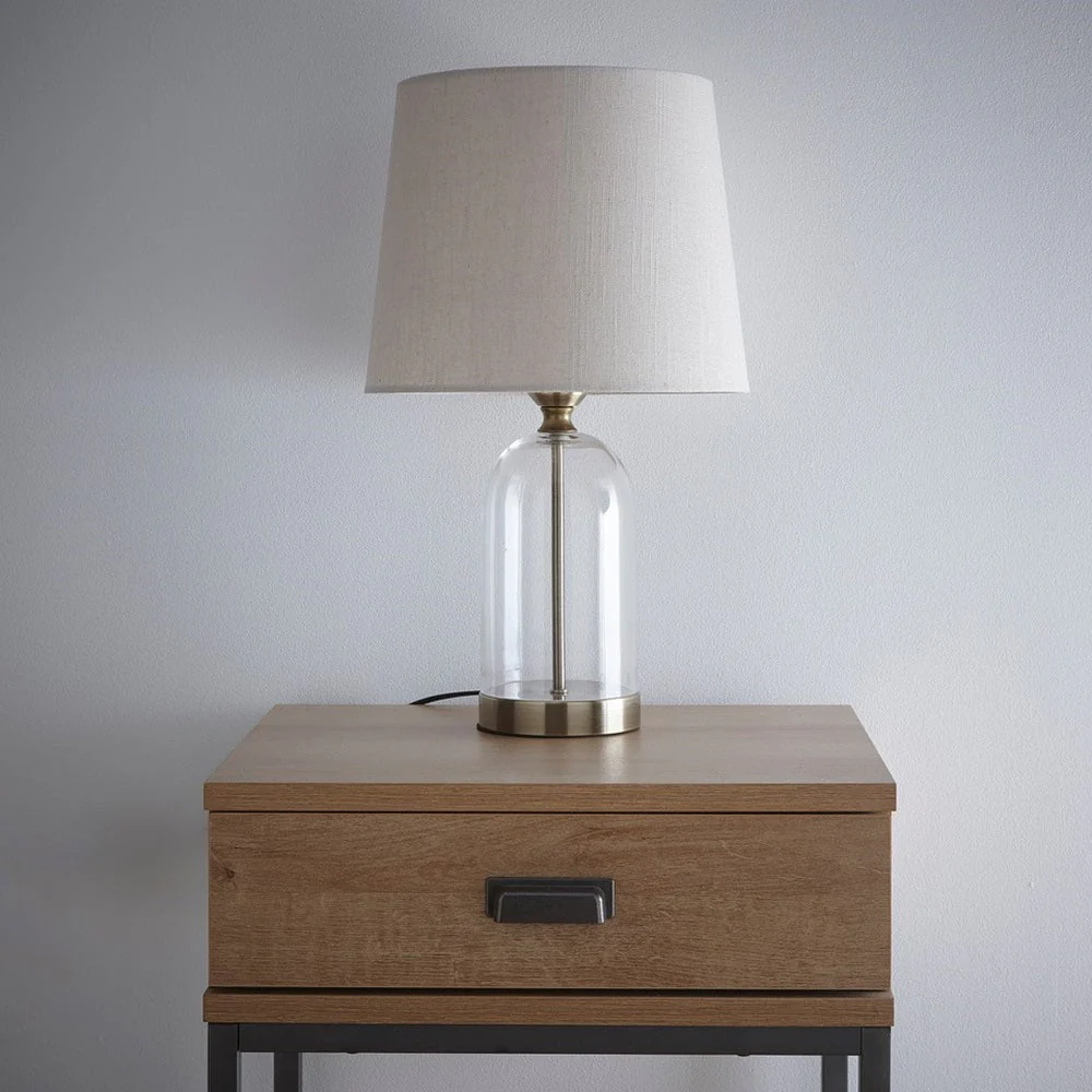 Antique Brass & Clear Glass Bell Jar Table Lamp with Natural Linen Shade 48cm - Image 4