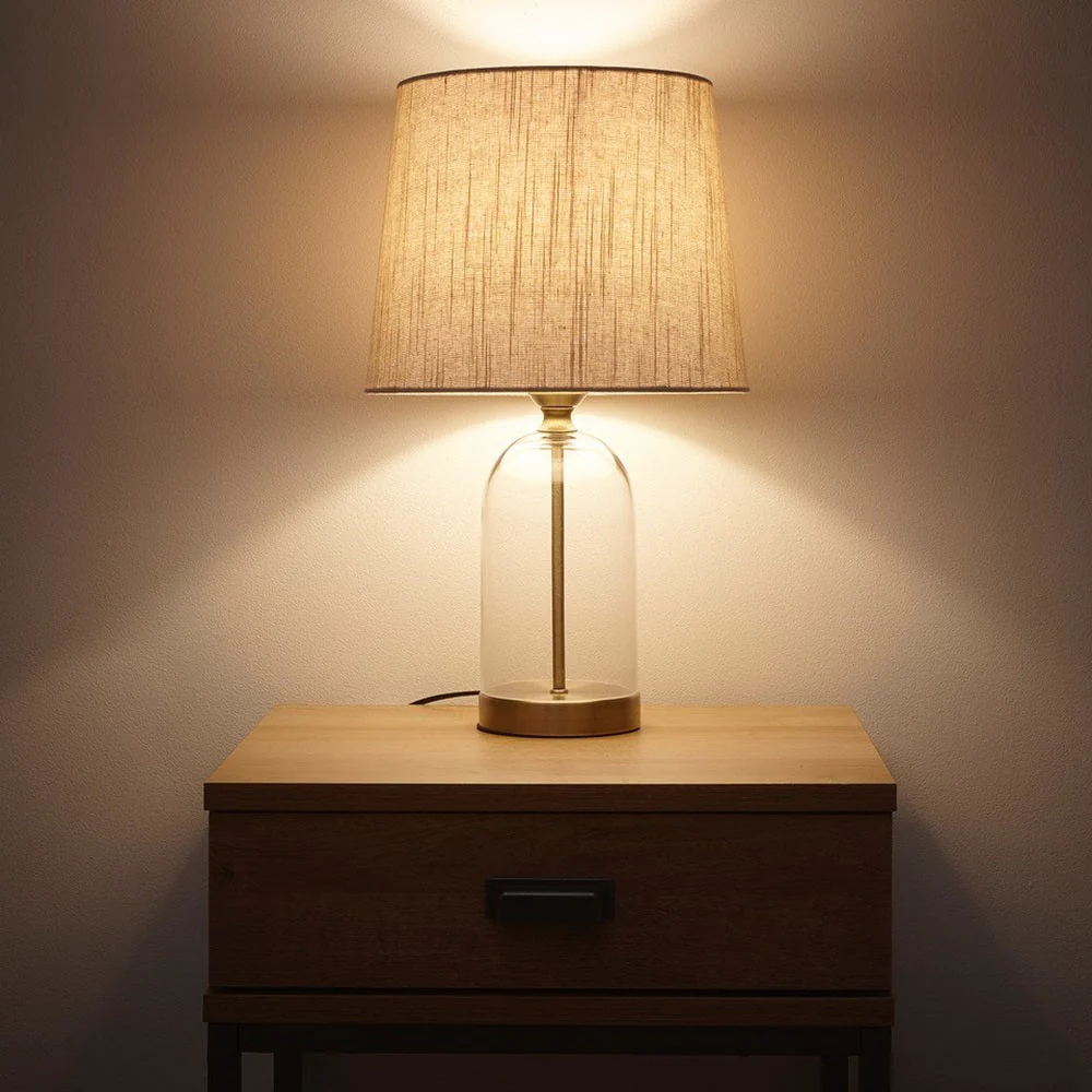 Antique Brass & Clear Glass Bell Jar Table Lamp with Natural Linen Shade 48cm - Image 5