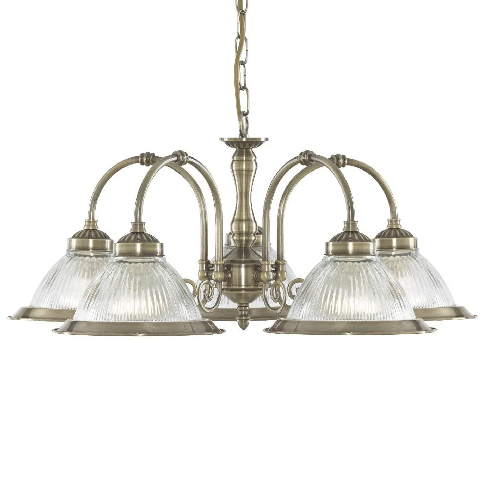 Antique Brass & Clear Ribbed Glass Vintage Dome 5 Lamp Pendant Light 62cm