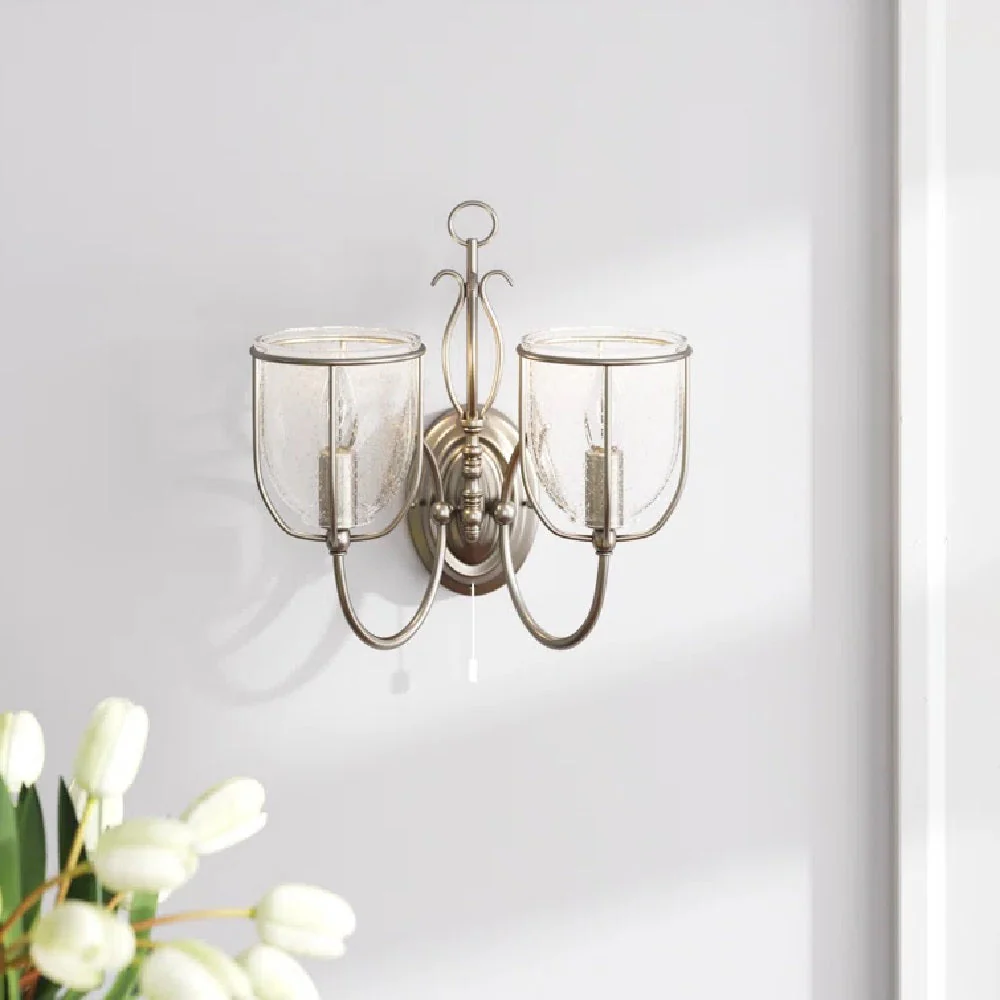 Antique Brass & Clear Seeded Glass Vintage 2 Lamp Wall Light 36cm - Image 4