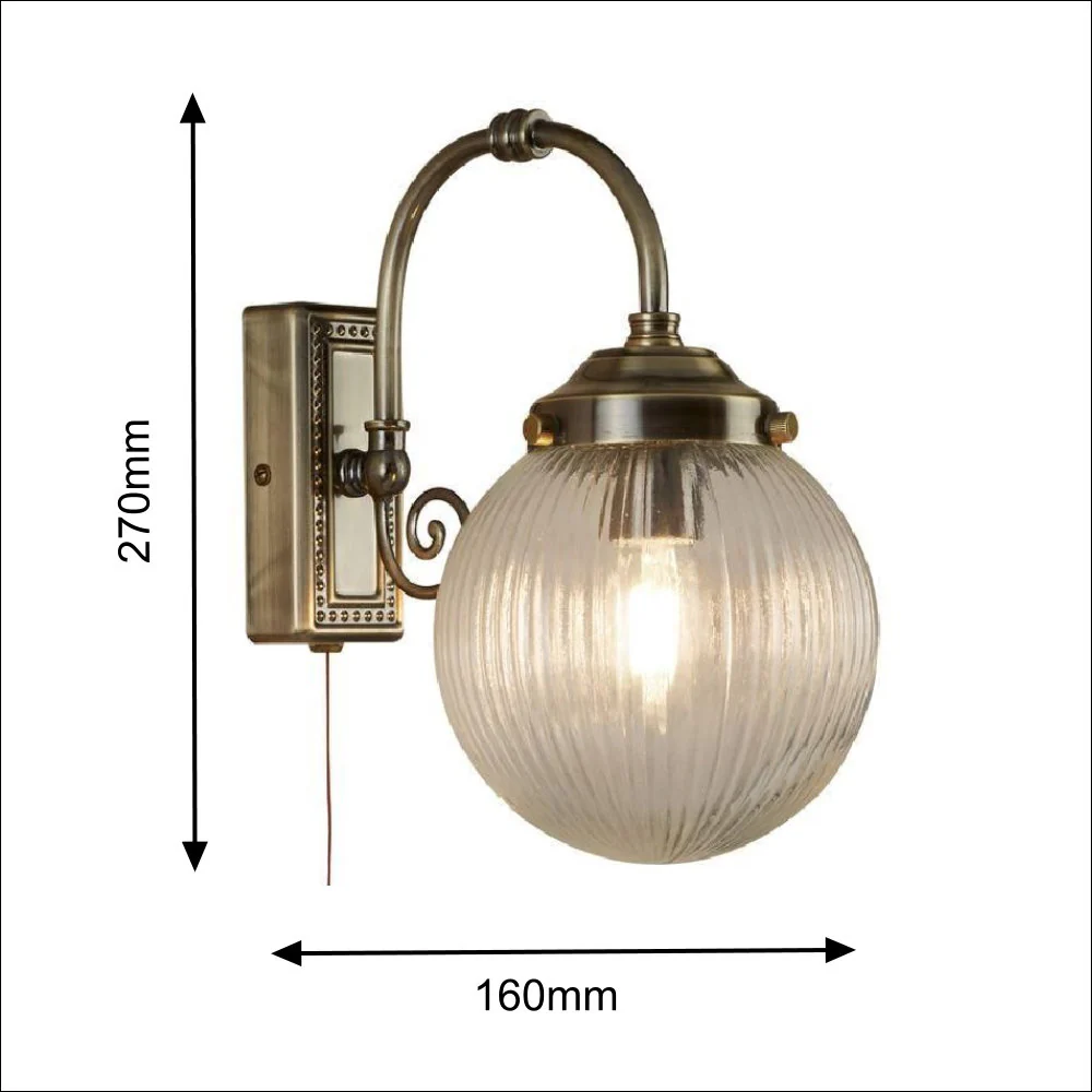 Antique Brass & Cleared Ribbed Glass Bathroom Vintage Switched Wall Light - Image 4