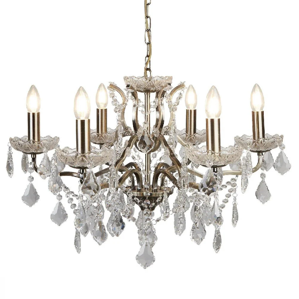 Antique Brass & Crystal Bead Traditional 6 Lamp Chandelier Light 70cm