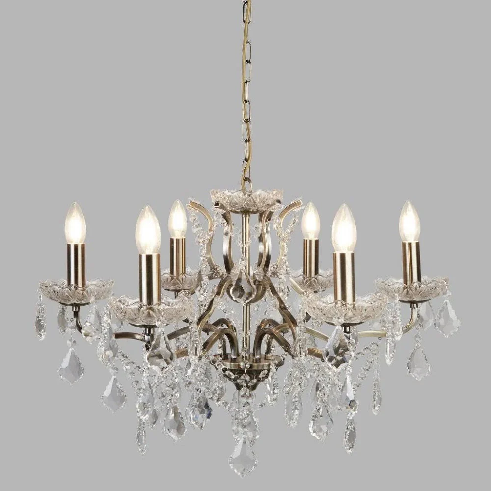 Antique Brass & Crystal Bead Traditional 6 Lamp Chandelier Light 70cm - Image 4