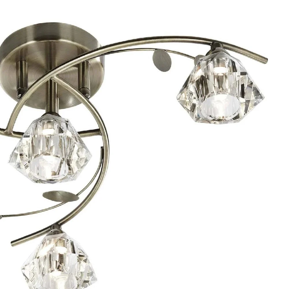 Antique Brass & Crystal Shades Vintage 4 Lamp Semi Flush Light 48cm - Image 3