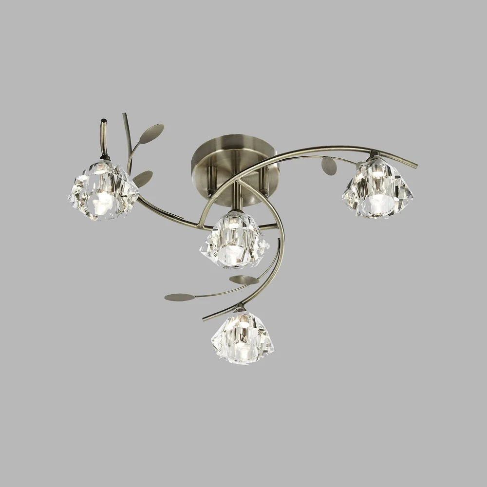 Antique Brass & Crystal Shades Vintage 4 Lamp Semi Flush Light 48cm - Image 4