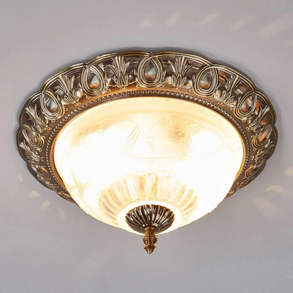 Antique Brass & Frosted Glass Traditional Dome Flush Light 33cm - Image 3