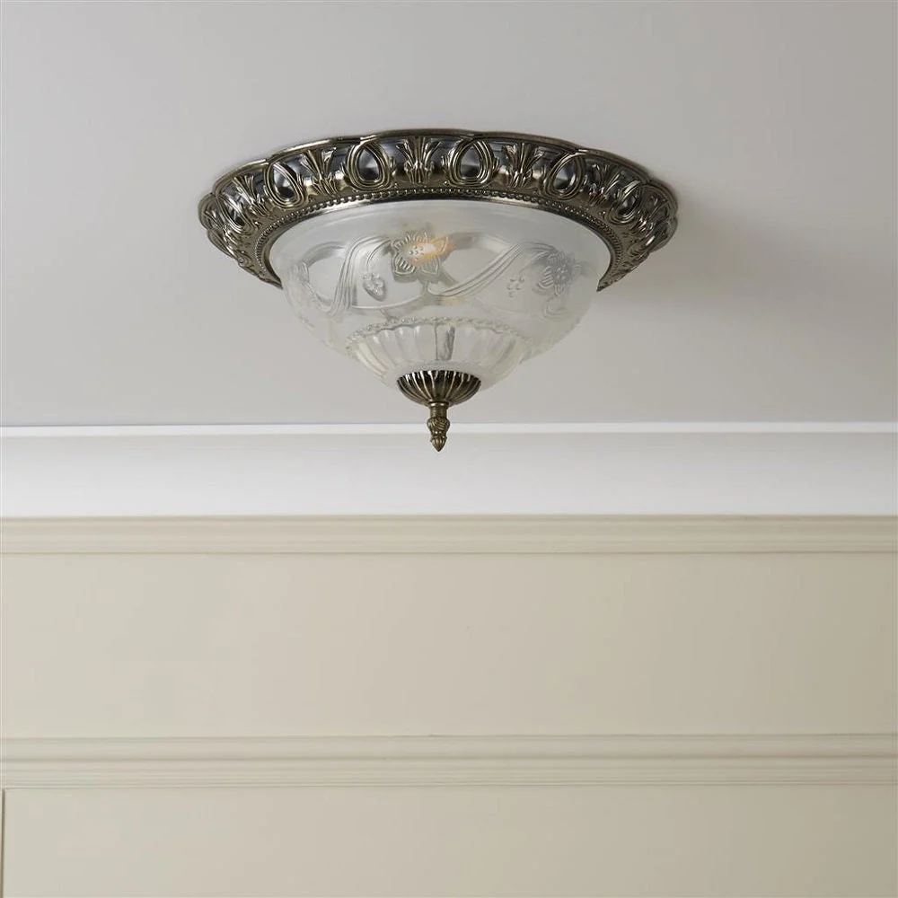 Antique Brass & Frosted Glass Traditional Dome Flush Light 33cm - Image 4