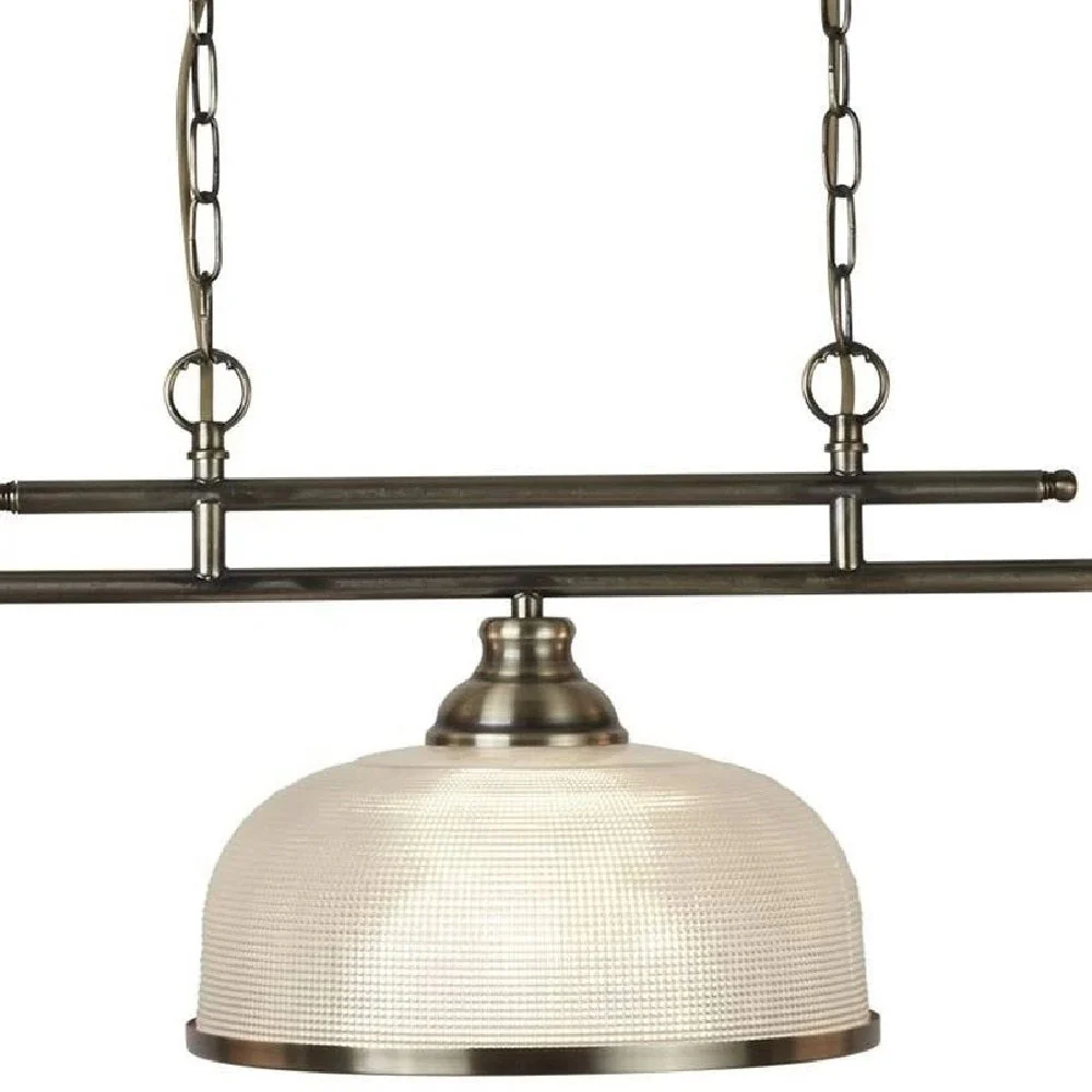 Antique Brass & Holophane Glass Vintage Dome 3 Lamp Bar Pendant 99cm - Image 2