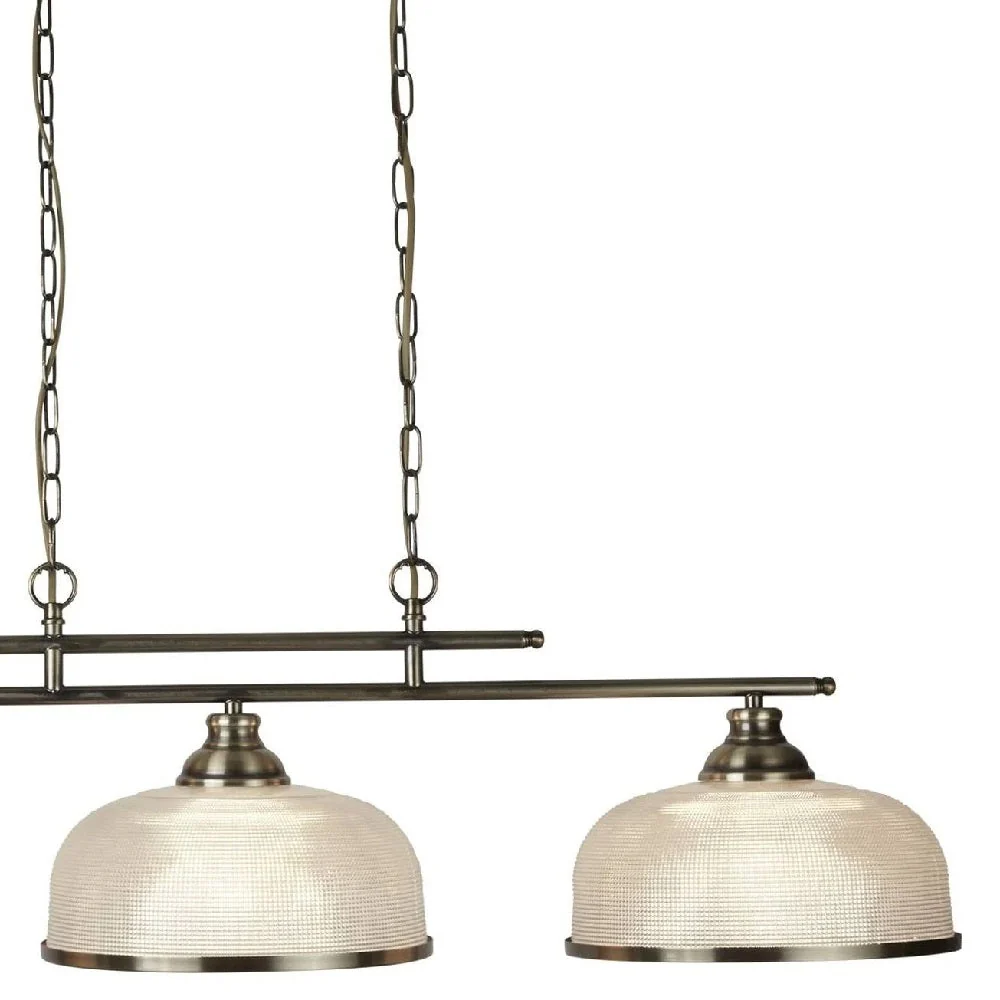 Antique Brass & Holophane Glass Vintage Dome 3 Lamp Bar Pendant 99cm - Image 3