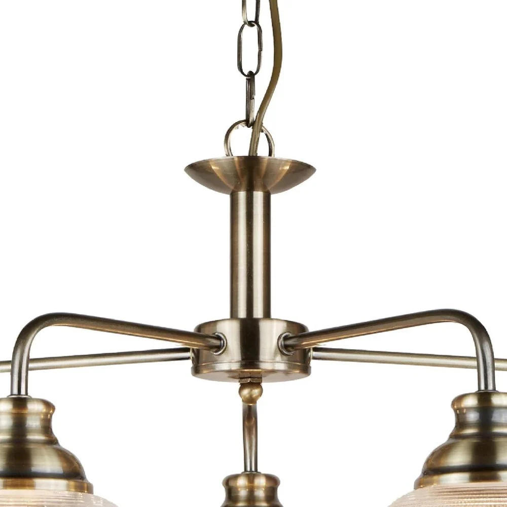 Antique Brass & Holophane Glass Vintage Dome 5 Lamp Pendant Light 58cm - Image 3