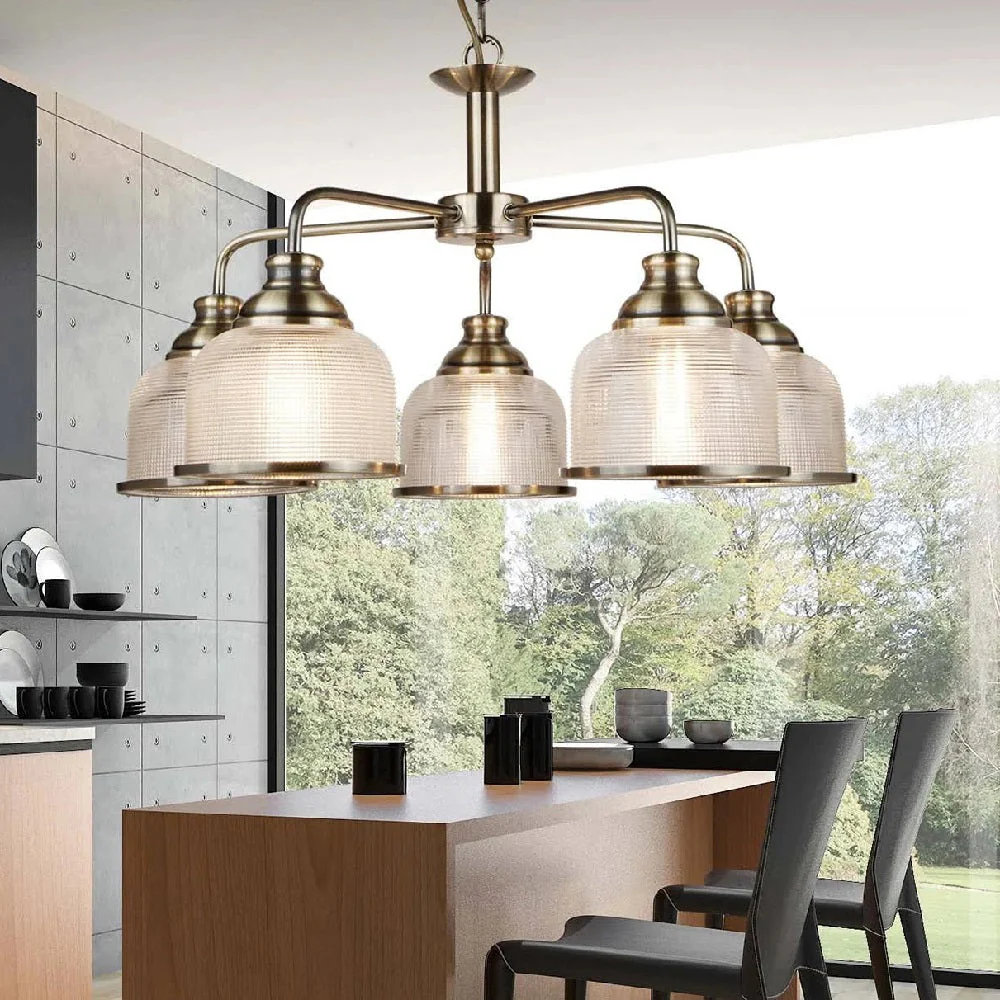 Antique Brass & Holophane Glass Vintage Dome 5 Lamp Pendant Light 58cm - Image 4