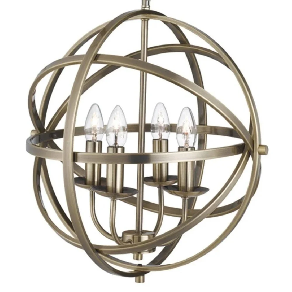 Antique Brass Metal Banded Sphere Vintage 4 Lamp Pendant Light 45cm - Image 2