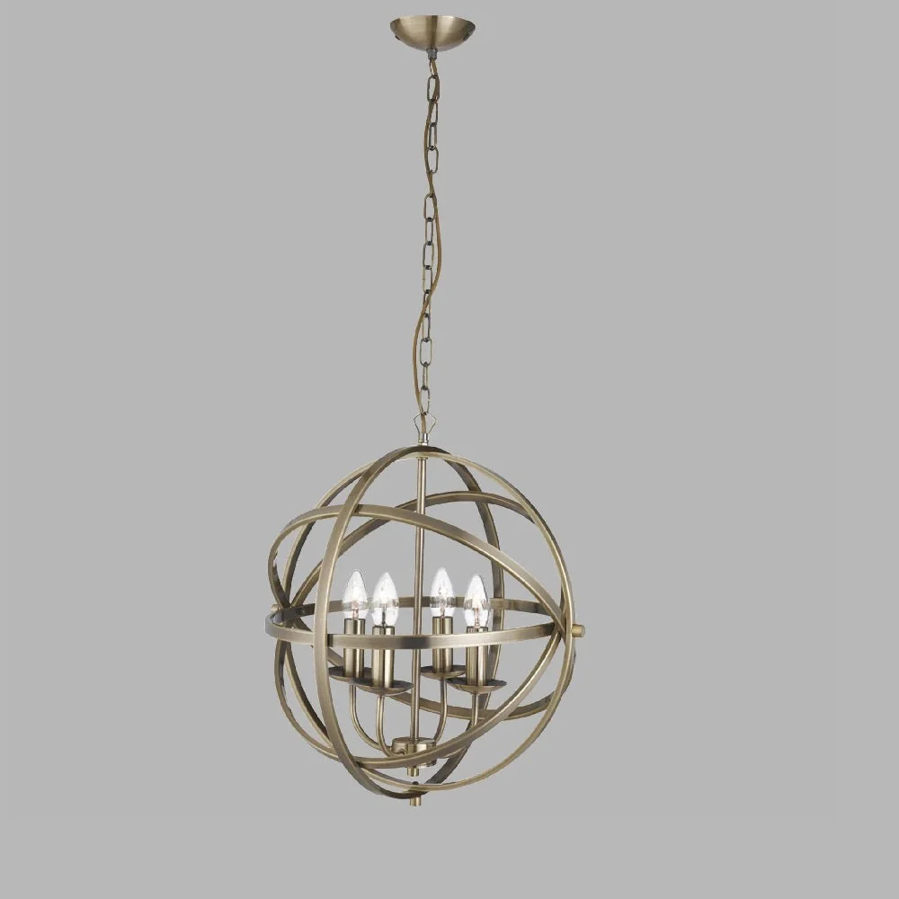 Antique Brass Metal Banded Sphere Vintage 4 Lamp Pendant Light 45cm - Image 3