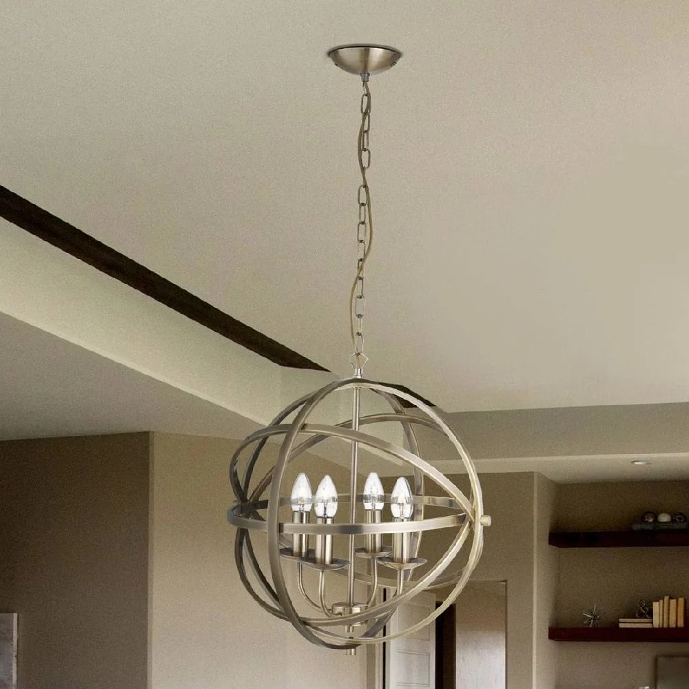 Antique Brass Metal Banded Sphere Vintage 4 Lamp Pendant Light 45cm - Image 4