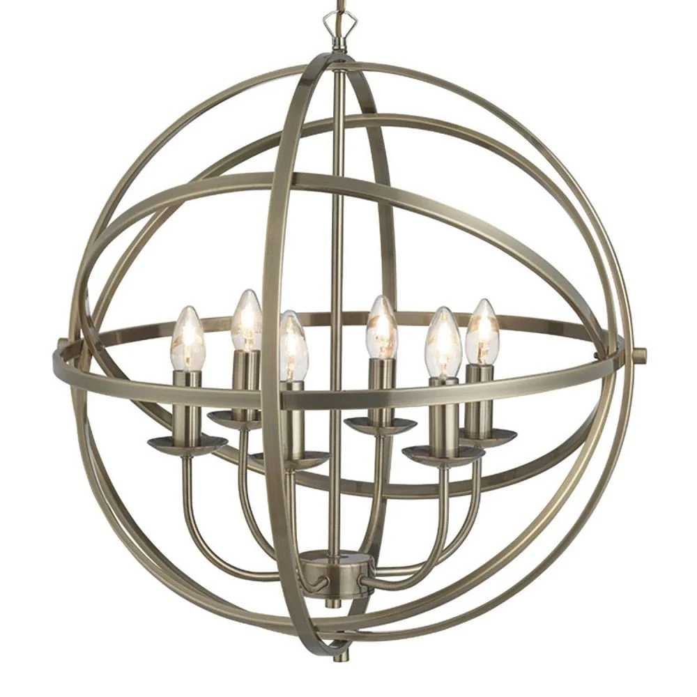 Antique Brass Metal Banded Sphere Vintage 6 Lamp Pendant Light 60cm - Image 2