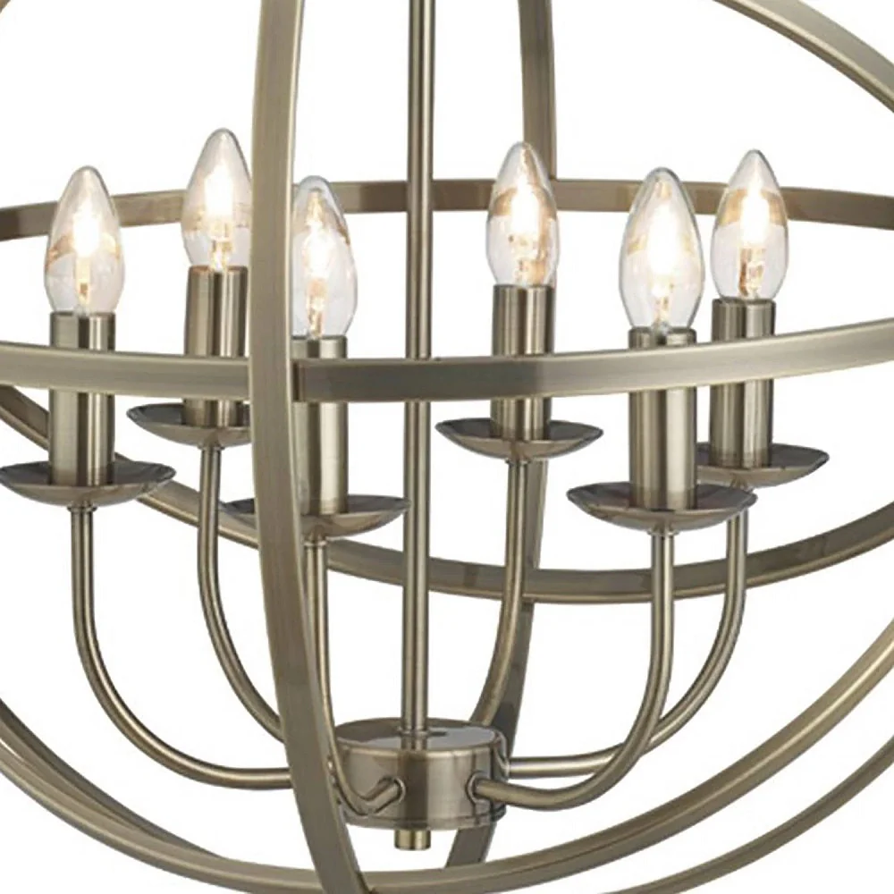 Antique Brass Metal Banded Sphere Vintage 6 Lamp Pendant Light 60cm - Image 3