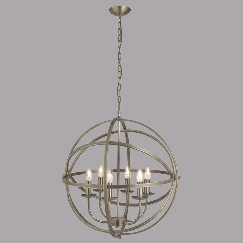 Antique Brass Metal Banded Sphere Vintage 6 Lamp Pendant Light 60cm - Image 4