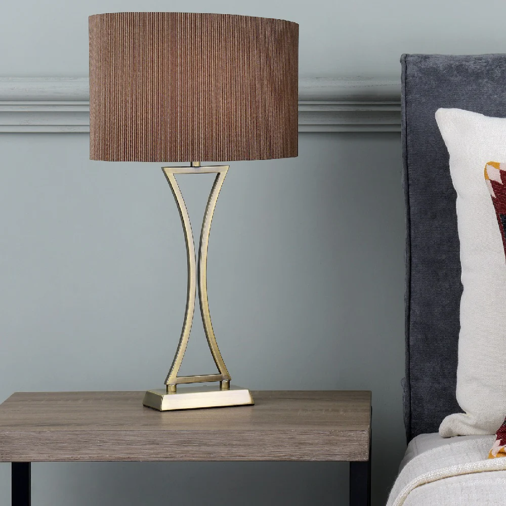 Antique Brass Modern Concave Table Lamp with Brown Oval Shade - Image 4