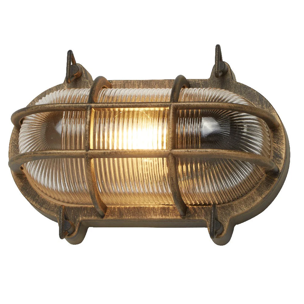Antique Brass & Ribbed Glass Outdoor Vintage Oval Flush Bulkhead Wall Light 248mm - Image 3