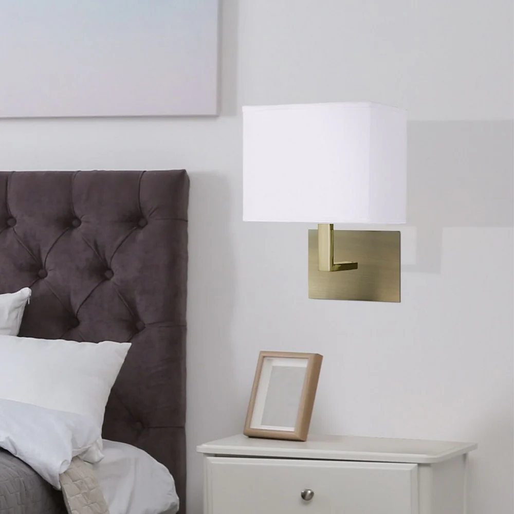 Antique Brass Square Backplate Wall Light with Rectangular White Shade - 260mm - Image 4