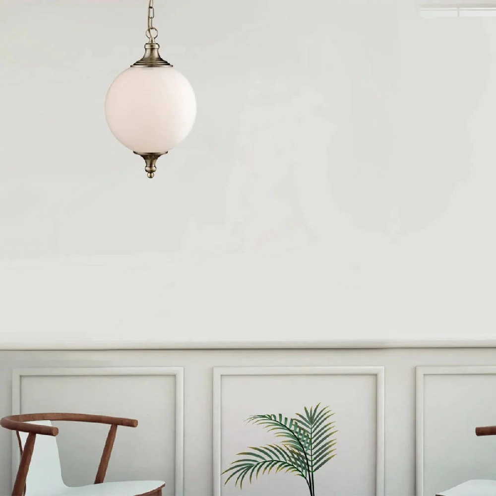 Antique Brass & White Frosted Globe Glass Vintage Pendant Light 25cm - Image 4