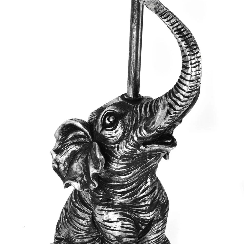 Antique Silver Sitting Elephant Sculpture Vintage Table Lamp with Drum Shade 47cm - Image 4