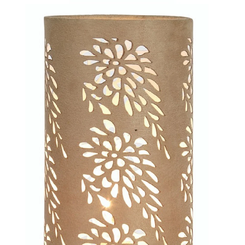 Beige & Antique Brass Floral Etch Cylindrical Touch Table Lamp - Image 3