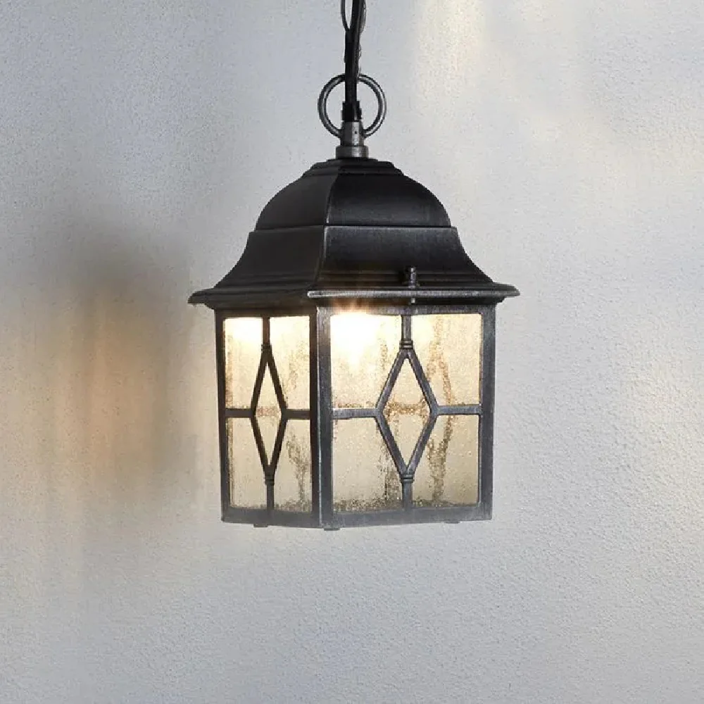 Black & Silver Outdoor Traditional Lead Glass Lantern Pendant Light 600mm - Image 3