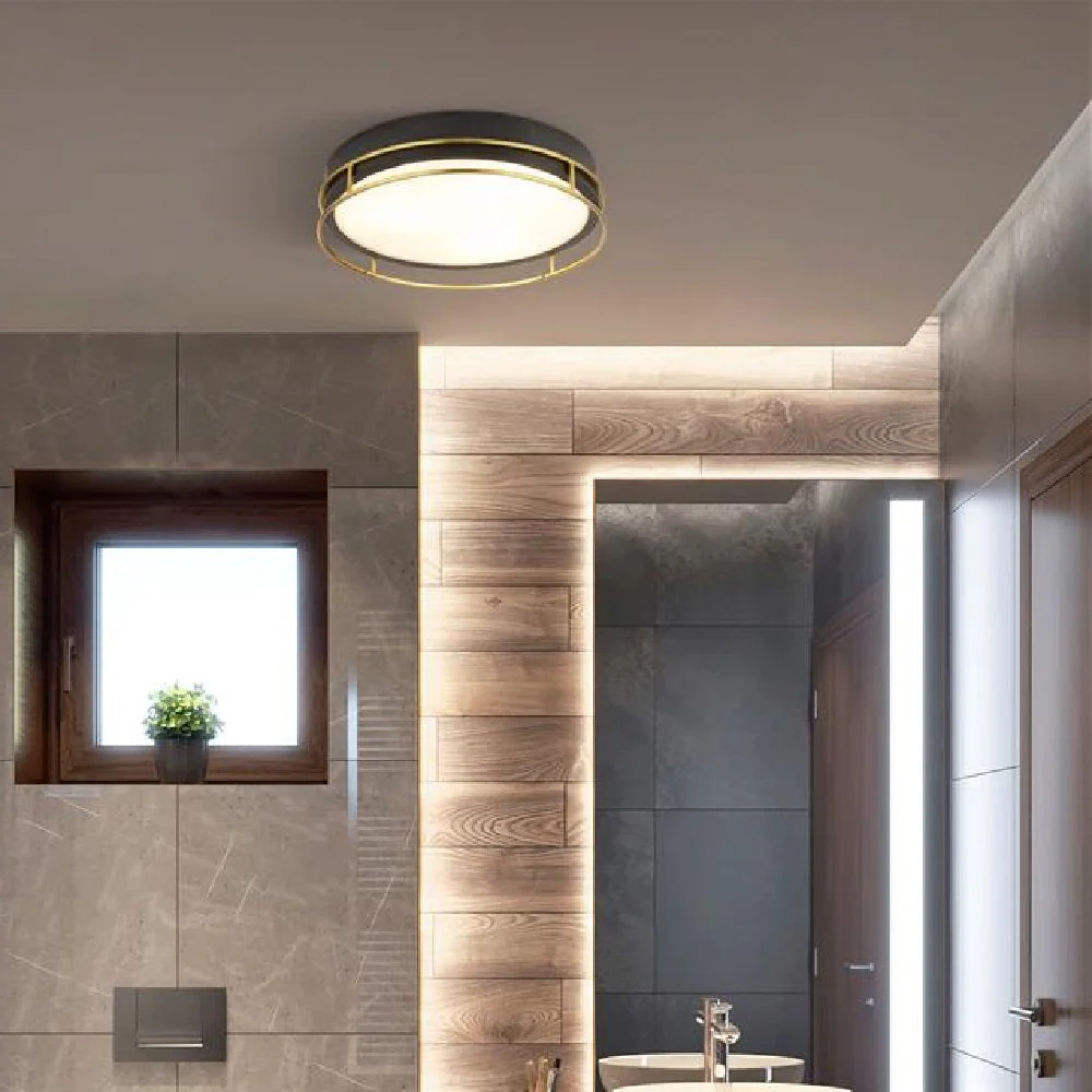 Black & Polished Brass Cage Bathroom Vintage Round 2 Lamp Flush Light 30cm - Image 4